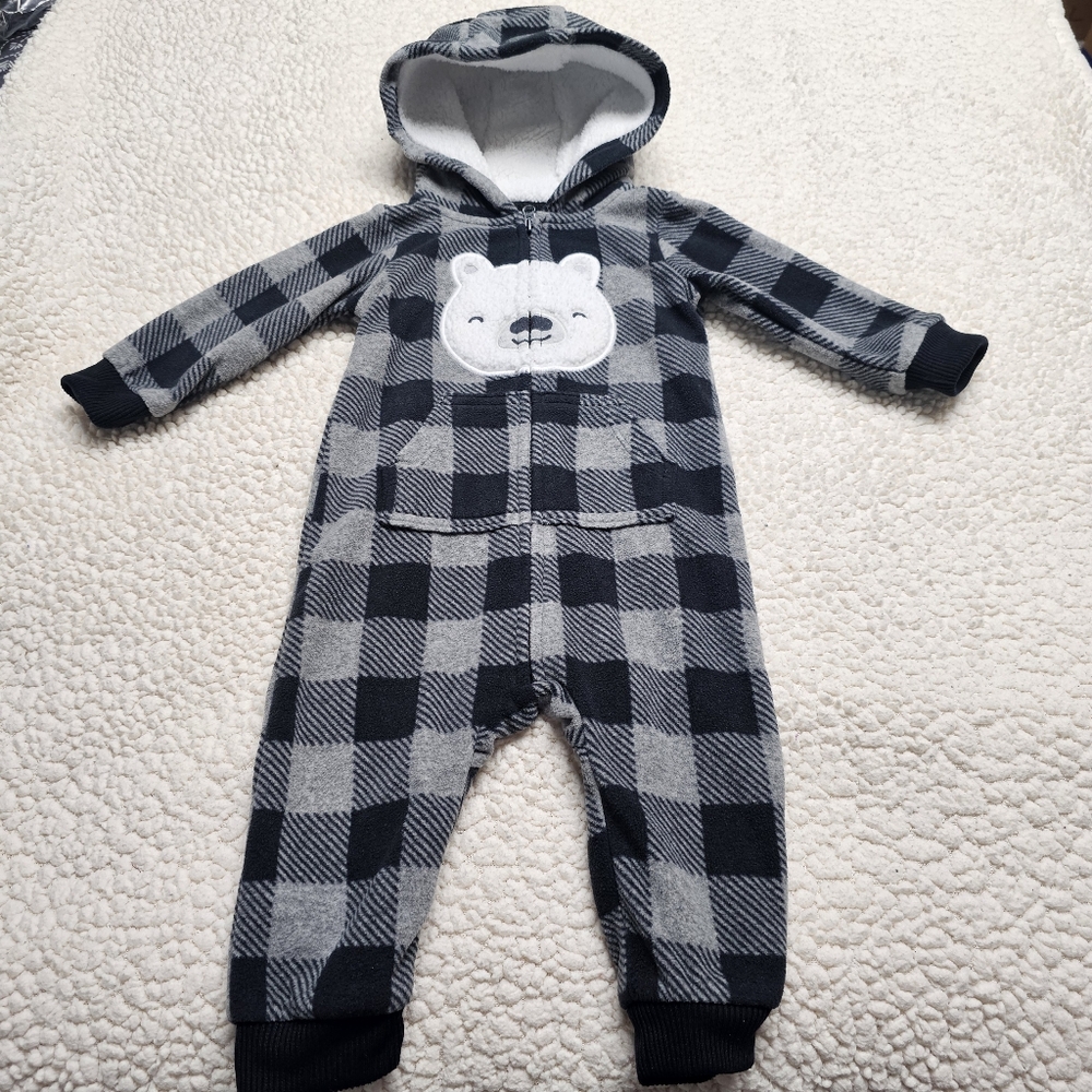 Carter's One Piece Velour Sherpa Zip Front Hooded Bear Front Applique 9 Months